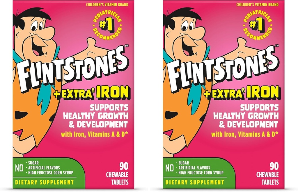 Flintstones Chawable Niños Multivitamina con vitamina C, D, B12 & Hierro para niños pequeños, 90 Cuenta (Pack of 2)