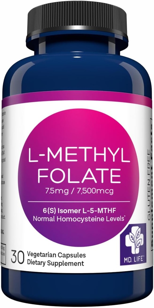 MD Life L-Methylfolate 7.5 mg Suplemento - Professional-Grade Active L Methylfolate Suplemento - 30 cápsulas - L-Methylfolate 7.5mg - MTHFR de potencia máxima W/ Aminoácidos esenciales
