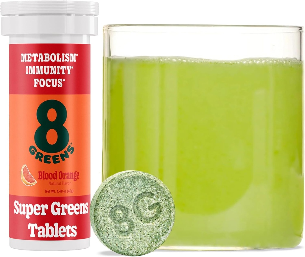 8Greens Supergreens Tablets ◾ Super Greens Powder Superfood Tablet, Metabolism Immunity & Focus, Daily Greens Effervescent Tablets, Organic: Aloe Vera, Spirulina, Chlorella, Blood Orange, 10 Servings