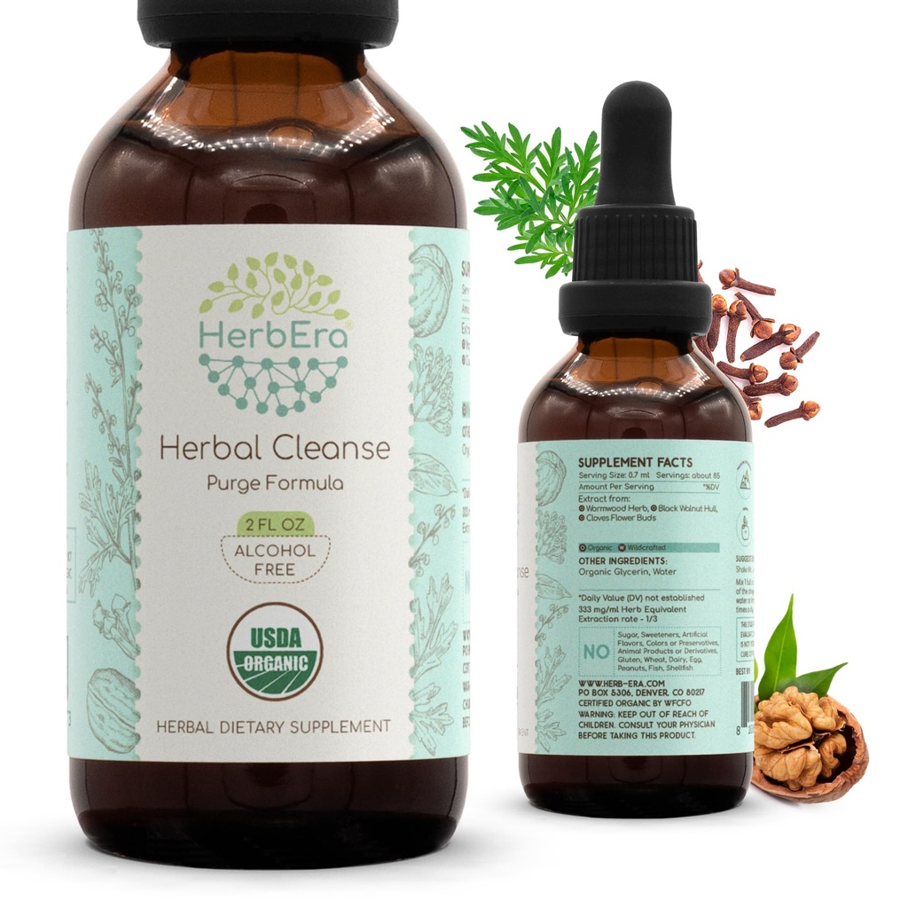 HerbEra Herbal Cleanse Organic Alcohol-Free Tincture ← Detox y Cleanse Fórmula, Suplemento Extracto Silencio Orgánica Wormwood Herb, Black Walnut Hull, Cloves Flower Buds ← Purge Extract (2 fl oz)