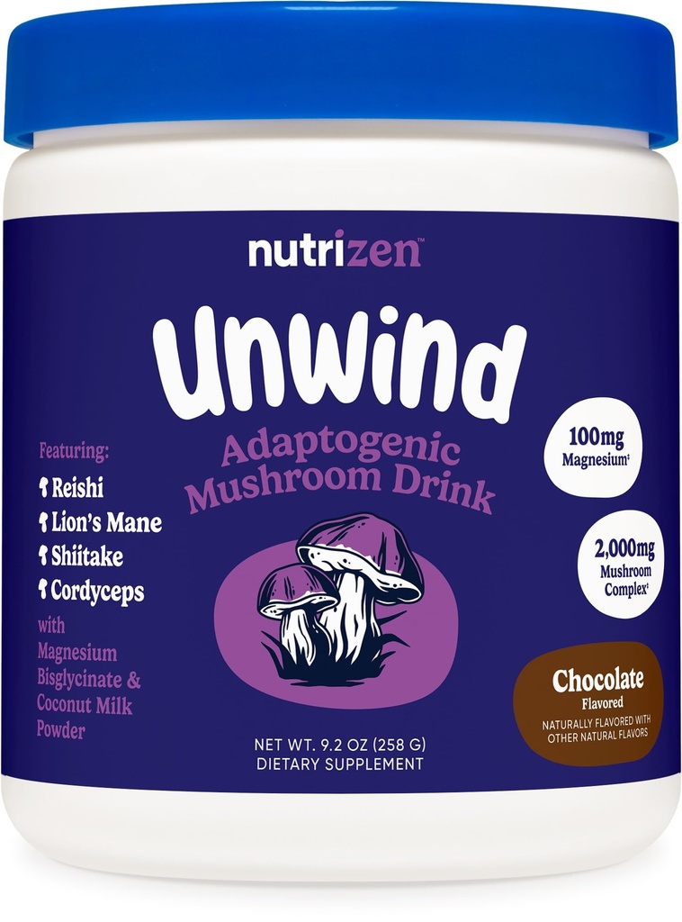 Nutricost Nutrizen PM Unwind Adaptogenic Mushroom Drink (Chocolate Flavored) 30 Servings - Incluye Reishi, Lion's Mane, Shiitake, Cordyceps
