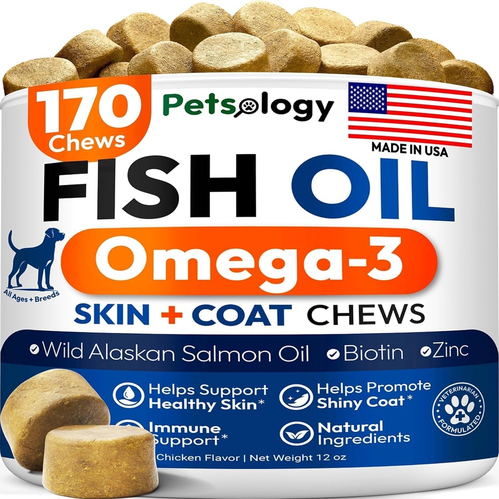 Omega 3 aceite de pescado para perros - 170 cerdas - Omega 3 para perros Itchy Skin & Alivio de la alergia - Skin & Coat Suplemento - EPA & DHA Ácidos grasos - Tratamiento contra el remolino de perros " - Aceite de salmón