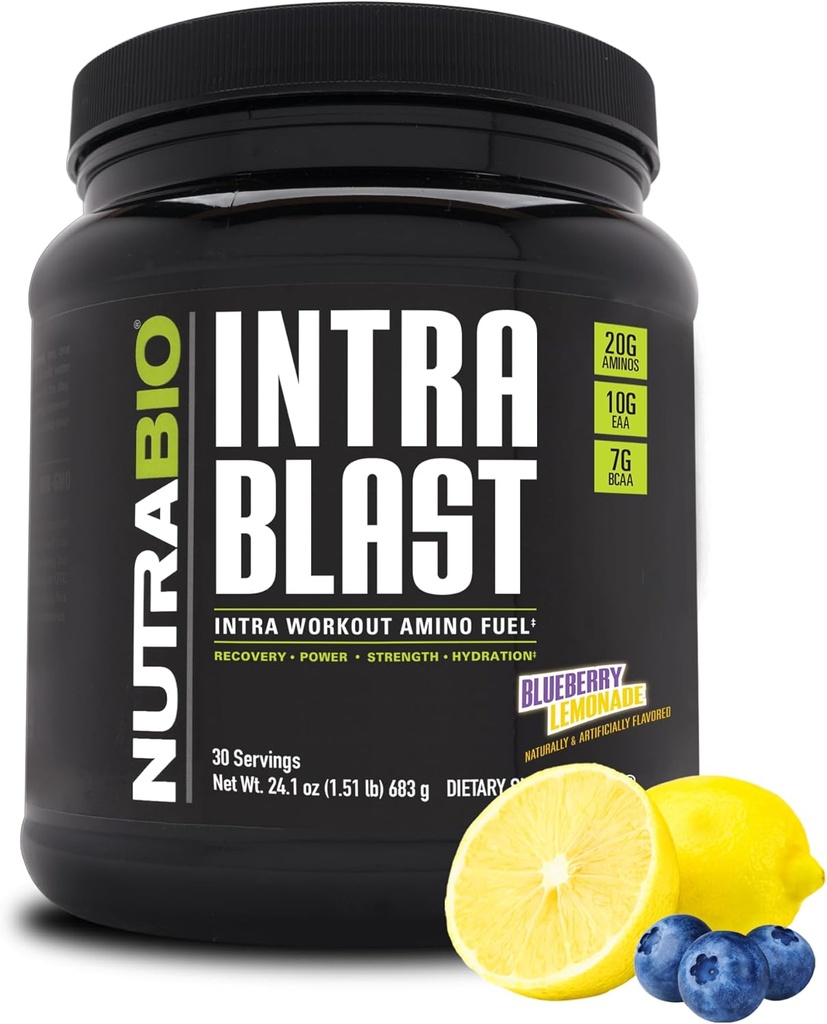 NutraBio Intra Blast Bcaa Powder Amino Amino Acid Suplemento, Electrolyte & Hydration Blend, Intra, Pre Workout &amp; Muscle Recovery, 20g Eaa Amino Acids Powder, 5g Glutamine- Blueberry Lemonade, 30 Serving