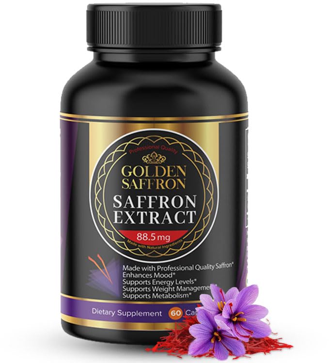 Golden Saffron Saffron Extract Capsules - Suplementos Saffron Premium - 88.50 mg Pure Saffron Pills - Mood Support - Eye Support - Emotional Balance, Focus & Eye Health Made in The USA - 60 cápsulas