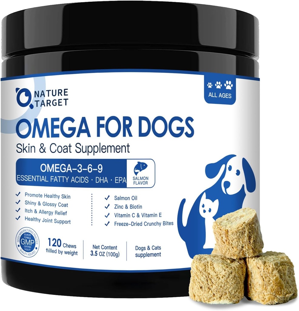 NATURE TARGET Omega 3 aceite de pescado para perros, aceite de salmón para la piel & suplemento de carne con EPA & DHA ácidos grasos - Itch perro & Alivio de alergia, Anti cama, Hot Spots Tratamiento - Hip & Soporte conjunto - 120ct