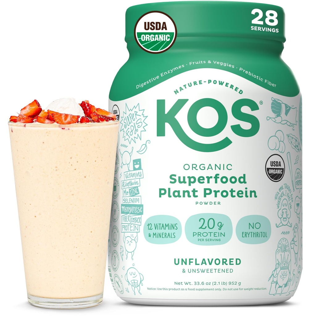 KOS Vegan Protein Powder, Unflavored & Unsweetened - Low Carb Pea Protein Blend, Ecológico Superfood Rich in Vitamins & Minerals - Keto, Soy, Dairy Free - Meal Replacement for Women &amp; Hombre - 28 Servings