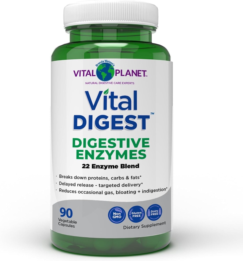 Planeta Vital – Vital Digest Natural Digestive Enzymes apoya la desintegración de proteínas, grasas y carbohidratos y reduce el gas ocasional, el rubor y la indigestión 90 cápsulas (paquete mayo Vary)