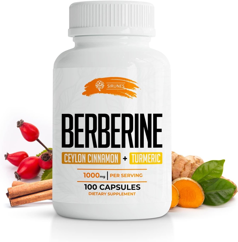 SIRUNES Berberine100 Capsules Ceylon Cinnamon & Turmeric - Beberine HCL Suplemento dietético para Hombres y Mujeres - No GMO Berberine, Immune System Booster