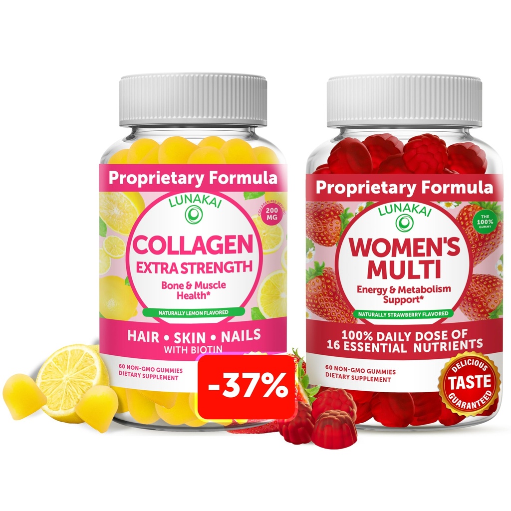 Colágeno Lunakai y Gummies Multivitamínicos de Mujeres Bundle - Suplementos antiañero no transgénicos con biotina, zinc, vitamina C y E - 100% Valor diario de 16 vitaminas y minerales esenciales - 30 días de suministro