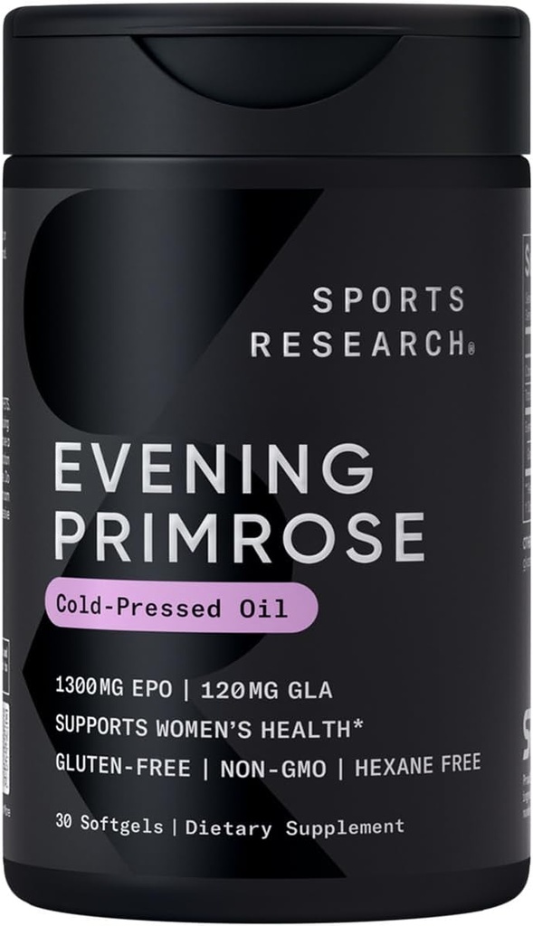 Sports Research Evening Primrose Supplement from Cold Pressed Oil - Softgels for Women’s Health & Skin Health - Gluten Free " Non-GMO GLA - High Potency 1300mg, 30 Conde