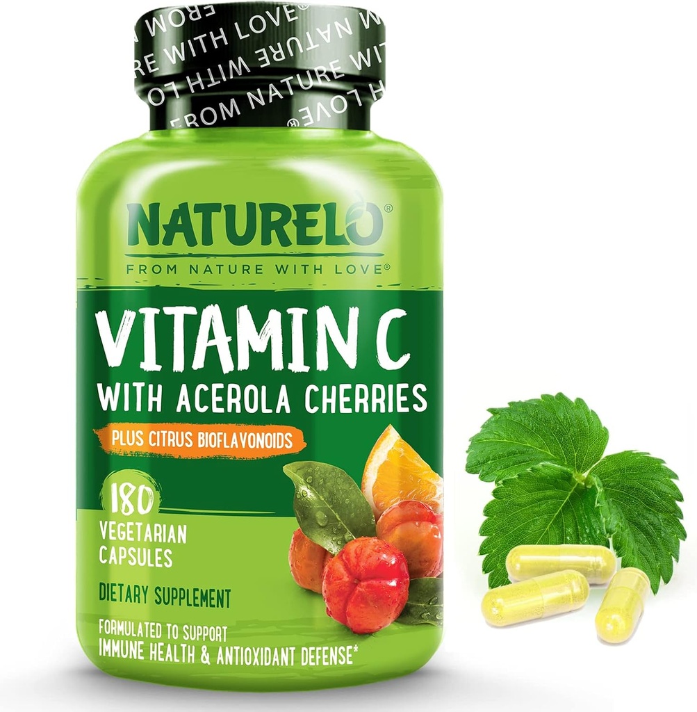 NATURELO Vitamina C con Extracto de Cereza Acerola Orgánica y Citrus Bioflavonoides - Suplemento Vegano - Soporte inmunitario - 500 mg VIT C por Cap - Non-GMO - 180 cápsulas