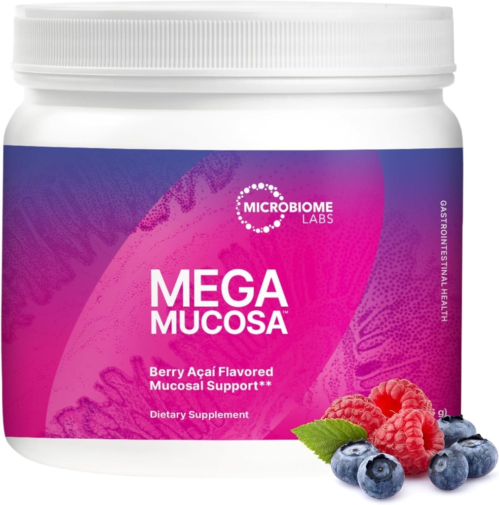 Microbiome Labs MegaMucosa Gut Health Powder - Suplemento Digestivo con el apoyo completo de la mucosa para la función saludable Gut & Immune - Inmunoglobulinas sin lácteos & Aminoácidos - Berry Acai (5,5 oz)