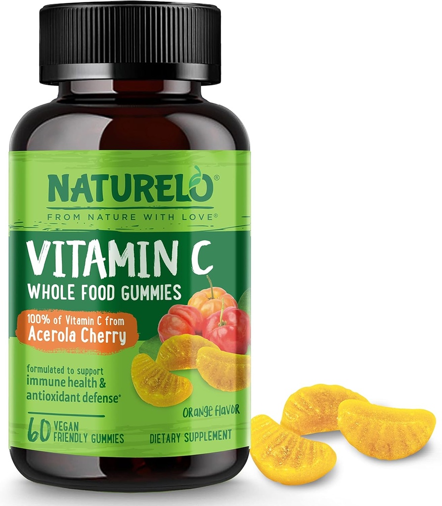 NATURELO Alimentos integrales Vitamina C Gummies, Vitamina C de la cereza de Acerola, Suplemento de base vegetal, 60 Gummies vegetarianos