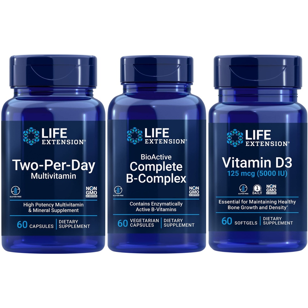 Extensión de vida Multivitamínico de dos por día, 60 cápsulas ← BioActive Complete B-Complex, 60 cápsulas TEN Vitamin D3 125 mcg (5000 UI), 60 softgels ANTE Bone & inmunosalud, energía y metabolismo soporte