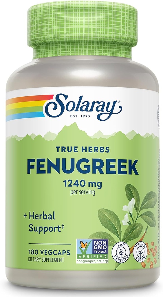 SOLARAY Semilla Fenugreek 1240 mg, Apoyo a la Digestión Saludable y Más, Vegan y laboratorio Verificado para Calidad, 90 Servimientos, 180 VegCaps