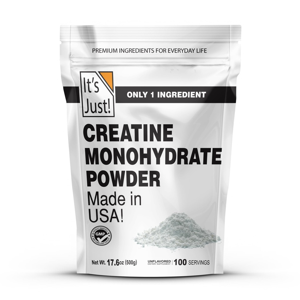 ¡Es sólo! - Polvo de Monohidrato de Creatina, Polvo de Creatina Pura, Hecho en EE.UU., Laboratorio de 3er Partido Tested, 5g Por Serving, Scoop Incluido, No Fillers, No Añadido Flavor (Desarrollado, 500g / 100 Servings)