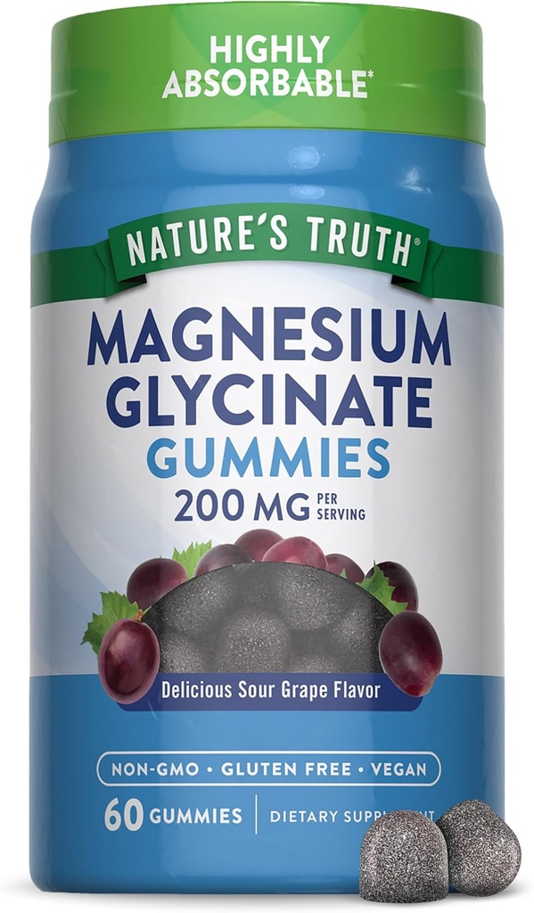 La verdad de la naturaleza Magnesium Glycinate Gummies for Adults TEN 200mg TEN 60 Conde ANTE Vegan, Non-GMO & Gluten Free Supplement TEN Grape Flavor