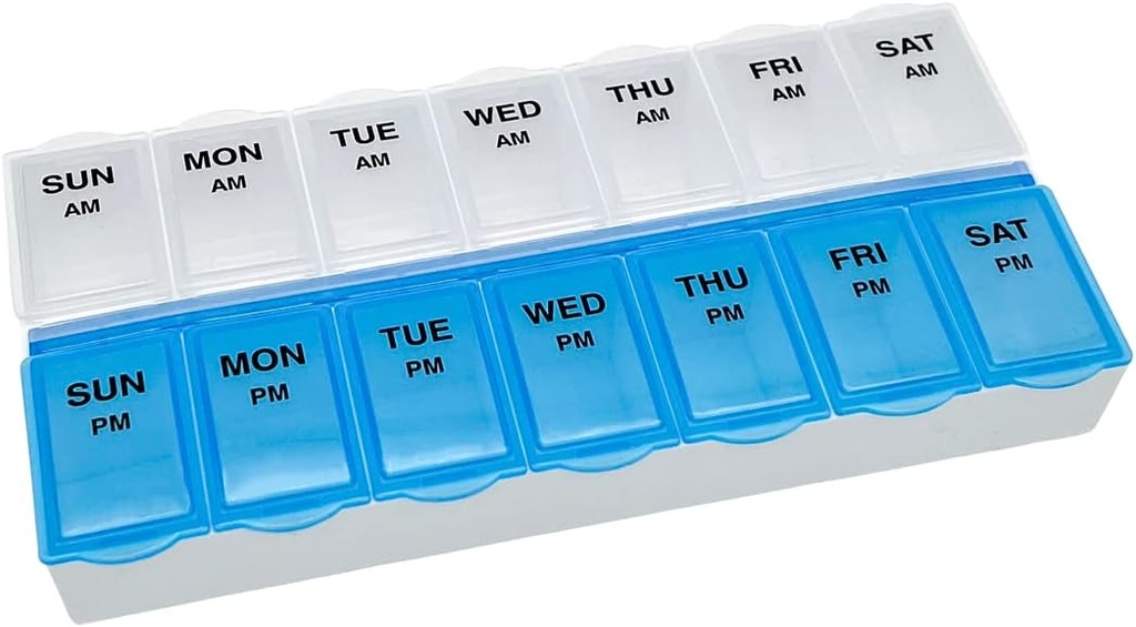 Atención Básica (7 días) Organizador de píldoras AM/PM, Caja de vitaminas y Caja de Medicina, Compartimientos Grandes, 2 veces al día, Láminas Azules y Limpias