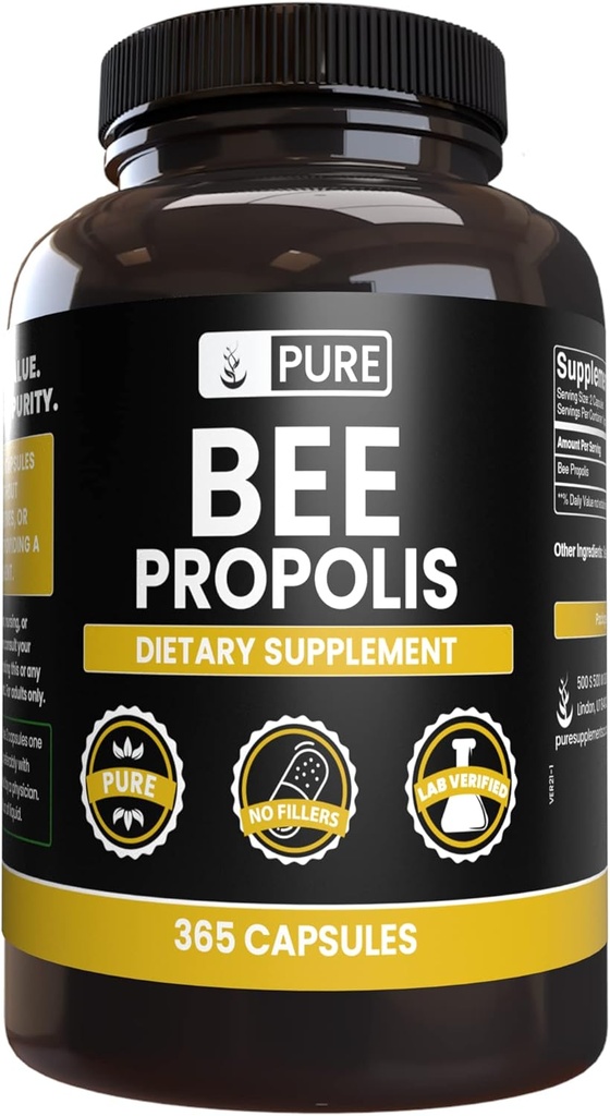 PURE ORIGINAL INGREDIENTES Bee Propolis (365 cápsulas) No hay magnesio ni artillería de arroz, siempre puro, laboratorio verificado