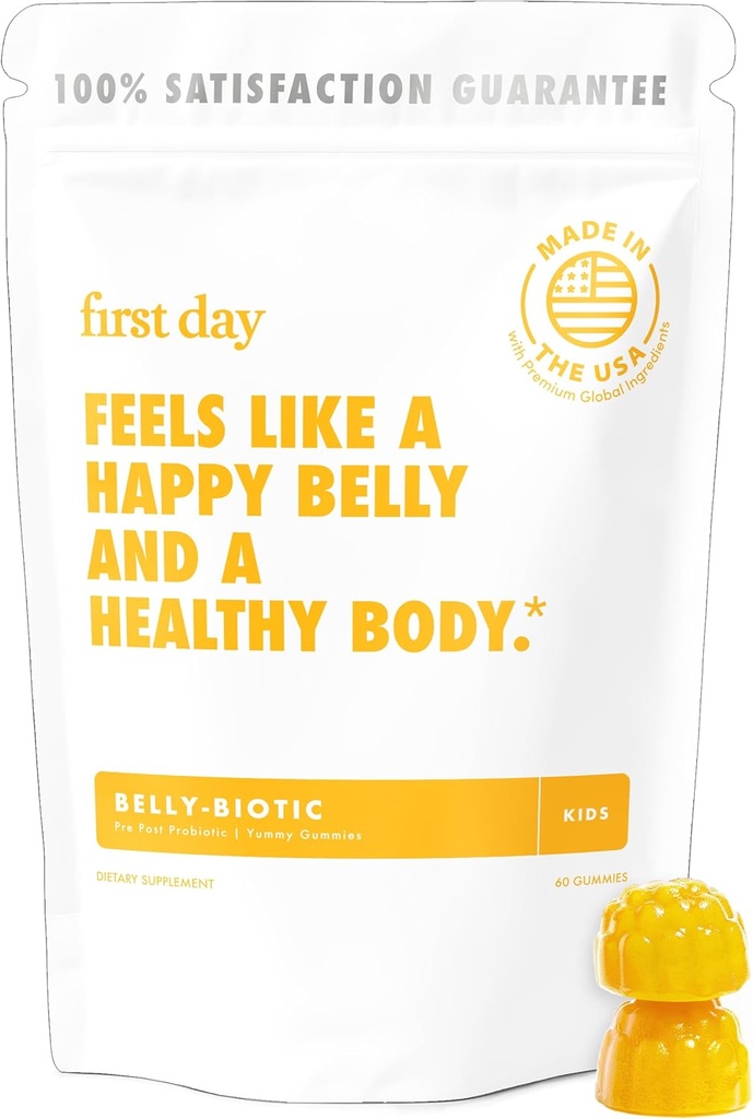 PRIMER DÍA Gummies probióticos para niños - 3 en 1 Probióticos para niños + prebióticos " Postbióticos " Probióticos para la salud digestiva " Apoyo inmunológico: Vegan, Gluten Free, 30-Day Supply