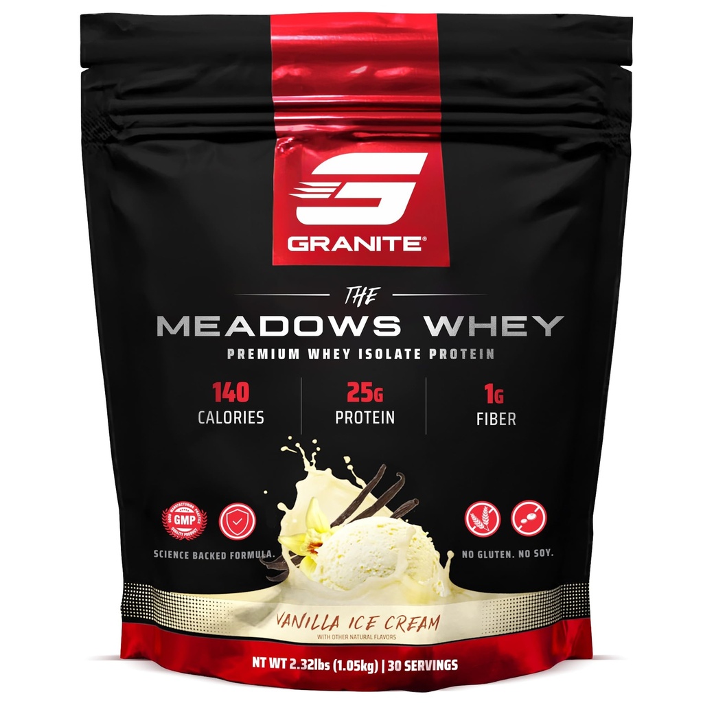 Suplementos Granitos Los prados Whey Protein Isolate Protein Powder para el músculo magro con 150 Calories, 2g Fiber, 1g Sugar (30 Servings), Vanilla Ice Cream Flavor