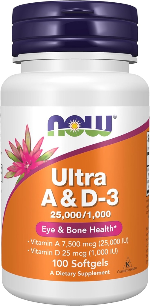 AHORA Suplementos de alimentos, vitamina A & D3 25.000/1,000 UI, salud ocular*, nutrición esencial, 100 Softgels