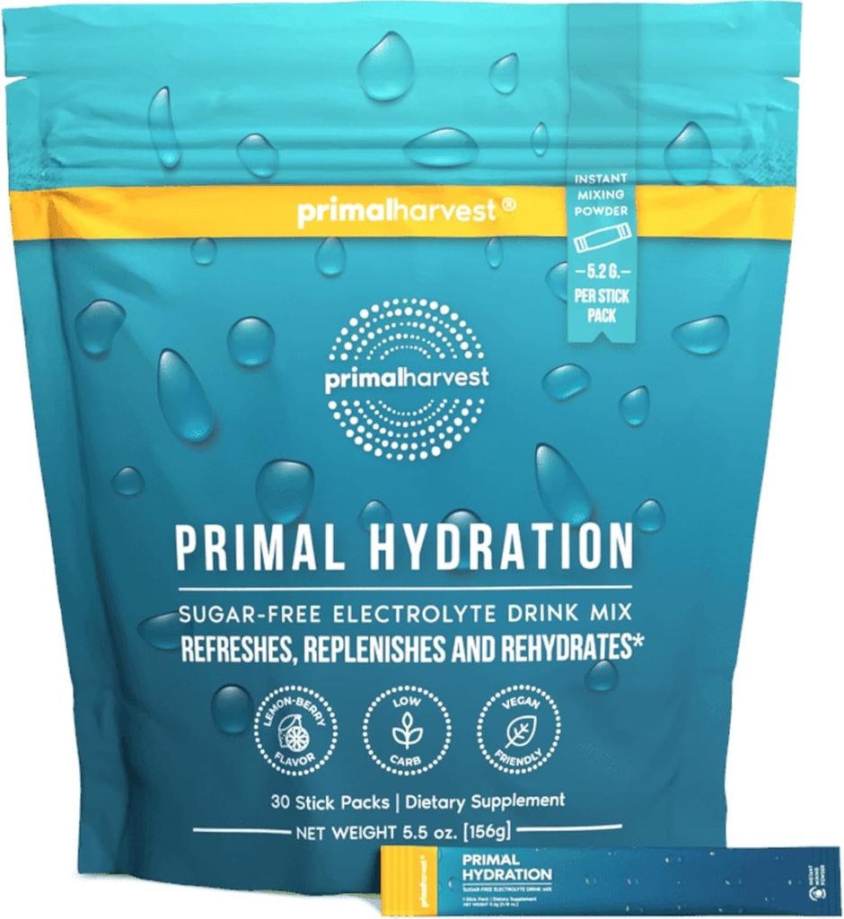Primal Harvest Electrolytes Powder Packets Hydration Primal, Easy Open Packets, Energy Drink Mix (Lemon Berry, 30 Packs) (1 Bag)