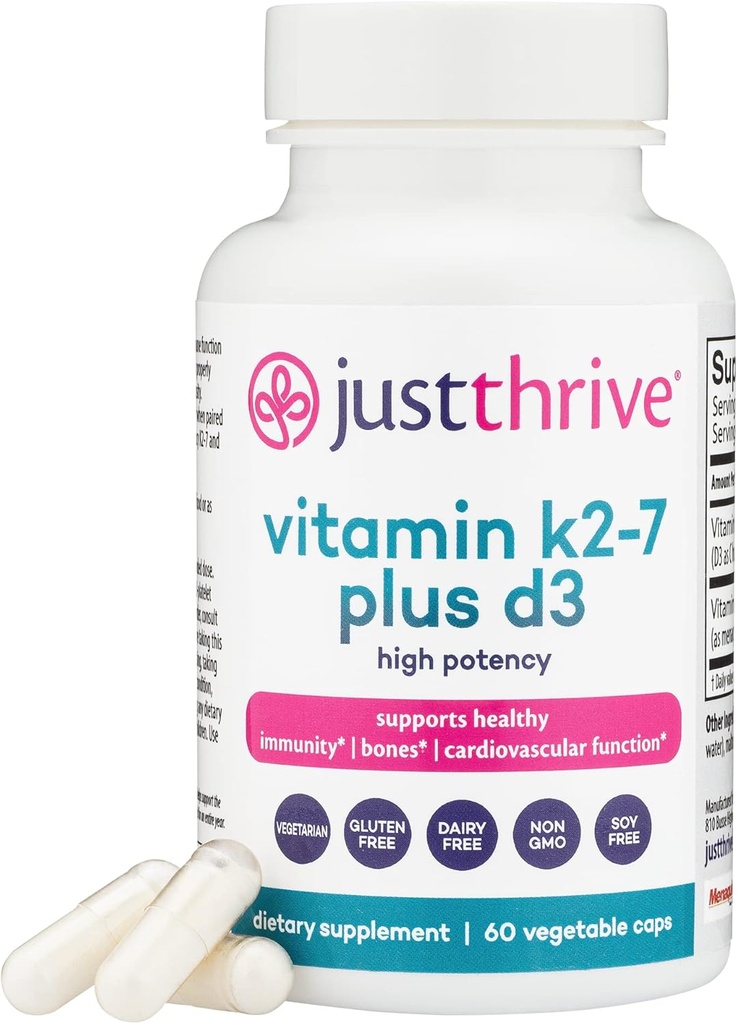Just Thrive Vitamin K2-7 Plus D3 - Immune, Heart, y Bone Health Suplemento, 60 cápsulas vegetales