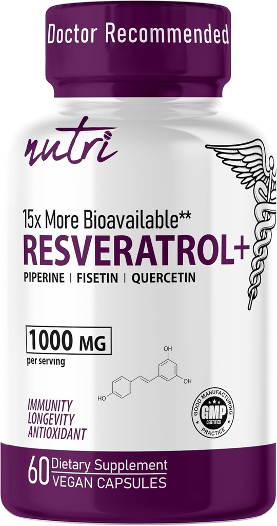 Nutri Resveratrol Suplemento 1000mg (Ultra High Purity Trans-Resveratrol) - 15x Más Biodisponible con Quercetina Liposomal y Fisetina - Antioxidante, Longevidad, Piperina Orgánica - 60 cápsulas Veganas