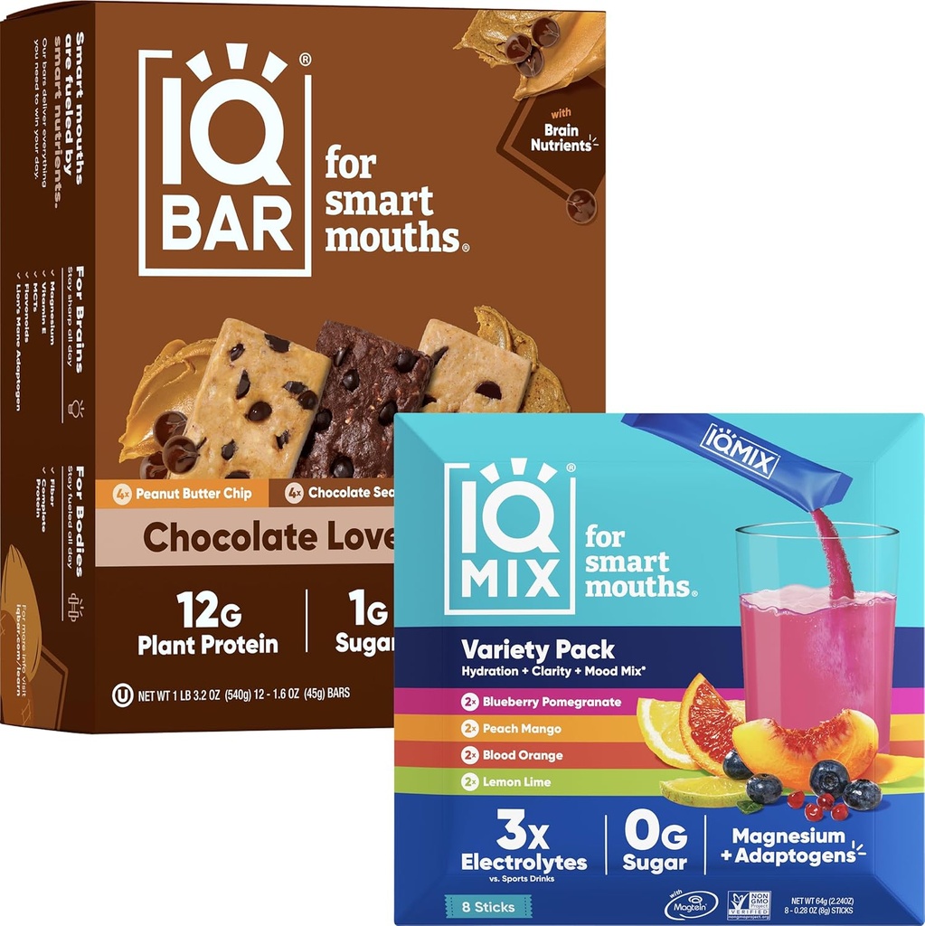 IQBAR Cerebro y Cuerpo Keto Protein Bares - 12 Conde Chocolate Amantes Variety Low Carb, Vegan Bares & IQMIX Sugar Free Electrolyte Powder Packets - 8 Conde Sampler Pack Keto Electrolitos con Lions Mane
