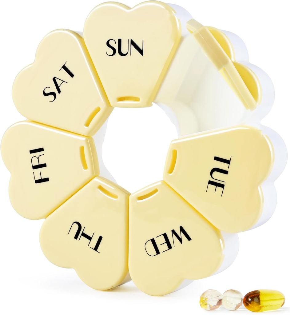MOLN HYMY Gran Caja semanal de píldoras 7 días, Organizador de cajas de píldoras, Contenedor de píldoras de flores una vez al día, dispensador de medicamentos redondos para vitamina/Fish Oil/Medication/Supplement (amarillo)
