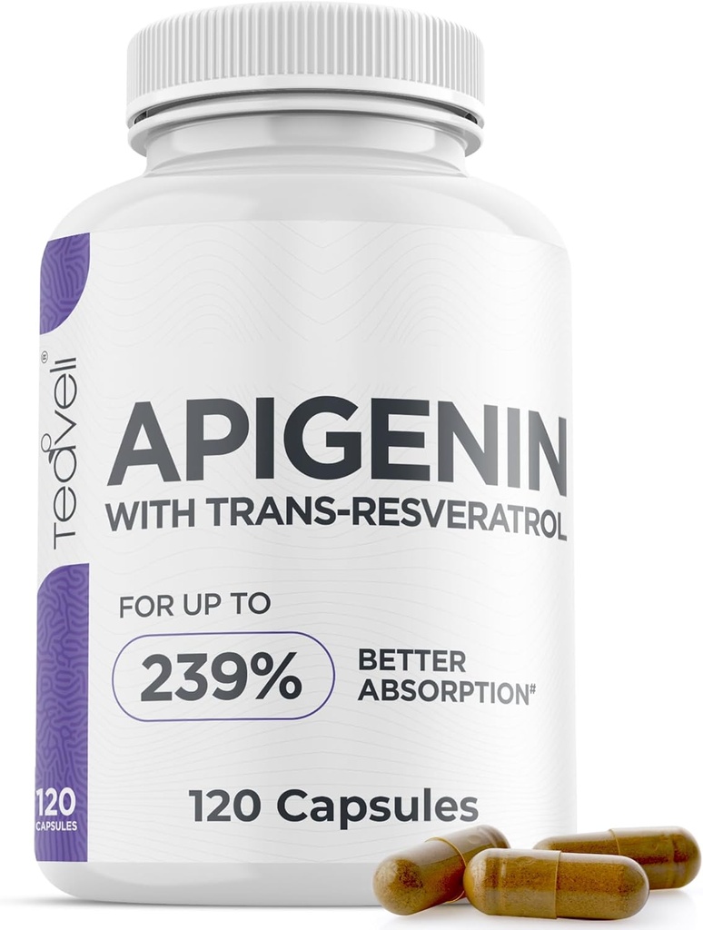 Suplemento avanzado de apigenina con resveratrol para la biodisponibilidad superior – 50 mg de apigenina para el sueño sin melatonina- Complementos Magnesium Threonate, L Theanine- 120 capsules, Vegan Friendly