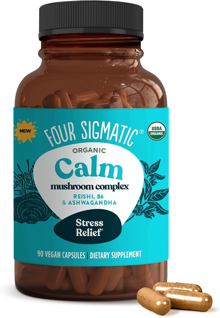 Cuatro cápsulas de calma Sigmática ← Vegan Stress Relief Supplement to Promote Positive Mood with Organic Ashwagandha Powder, Organic Reishi Mushroom, Tulsi (Holy Basil Extract), Vitamina B6 Silencio 30 Serviciones