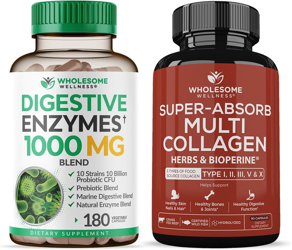 Pleno Wellness Digestive Enzymes 1000MG Plus Prebióticos & Probióticos Suplemento + Superabsorb Multi Collagen Pills (Type I II III V X) Organic Herbs and Bioperine Bundle