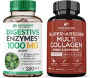 Pleno Wellness Digestive Enzymes 1000MG Plus Prebióticos & Probióticos Suplemento + Superabsorb Multi Collagen Pills (Type I II III V X) Organic Herbs and Bioperine Bundle
