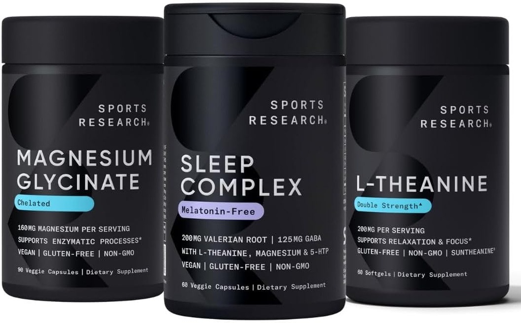 Sports Research Double Strength L-Theanine Supplement Softgels for Focus & Relax, Magnesium Glycinate for Restful Sleep & Enzymatic Procesos + cápsulas Veganas sin melatonina