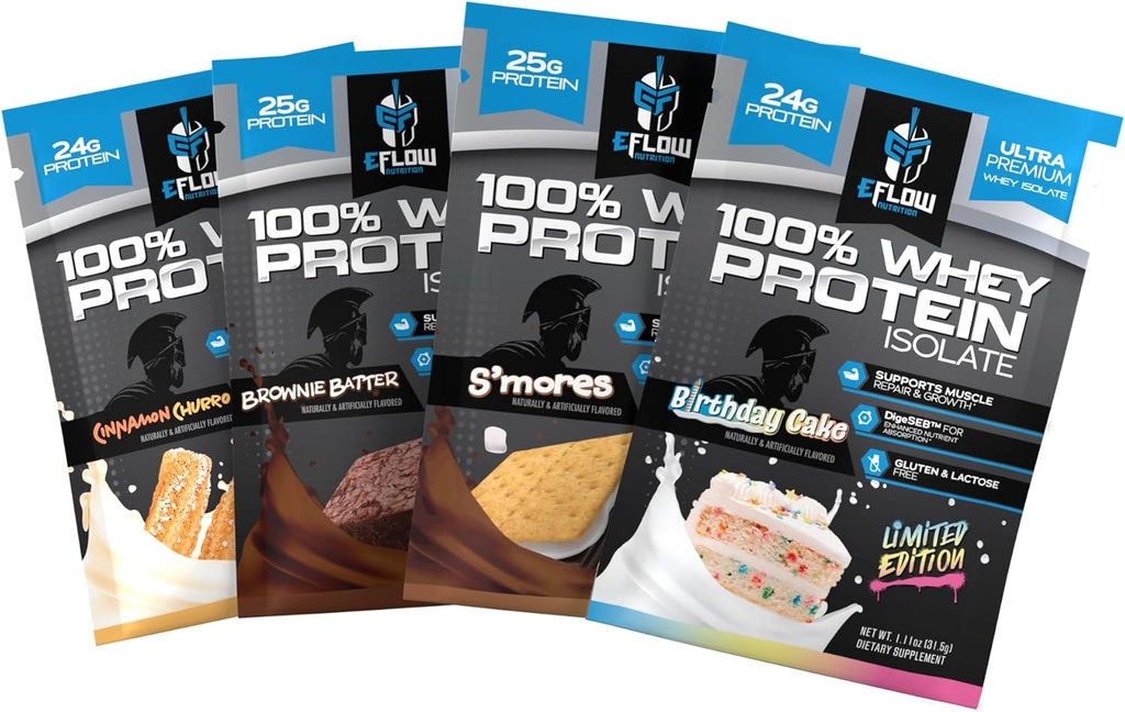 eFlow Nutrition Whey Protein Muestra Variedad - Muestras de pólvora de proteínas de aislamiento, calorie baja, media rápida, calidad premium, paquetes de viaje, carbohidratos bajos (4 paquete)
