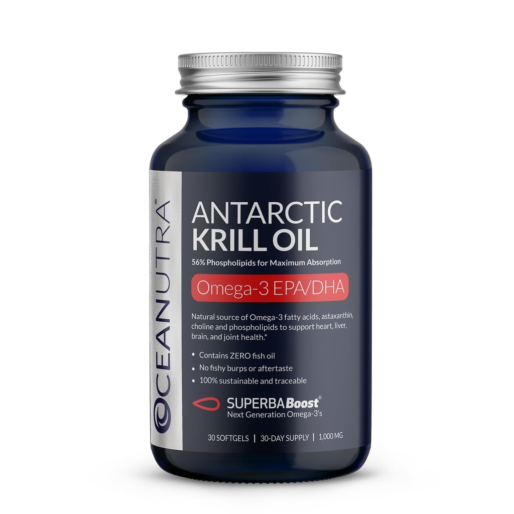 100% Aceite de Krill puro 1000mg, Omega 3, Concentración más alta 56% fosfolípidos, Choline " Astaxanthin, SuperbaBoost Antártico Sostenible, DHA, EPA, Corazón, Cerebro, Ojo " Cuidado de la piel, No Aceite de pescado