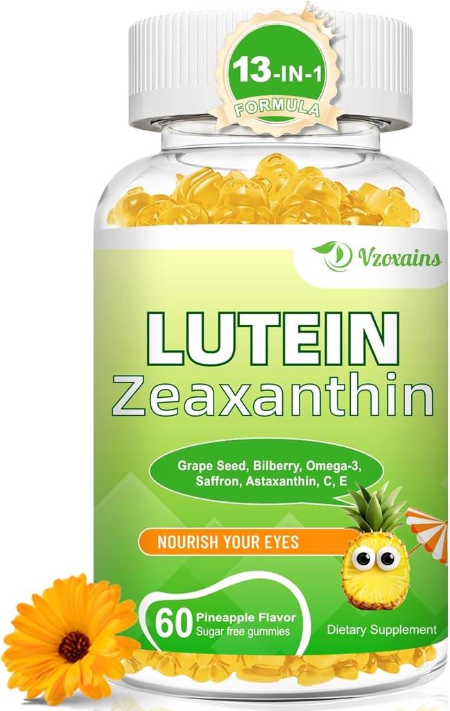 Lutein 20 mg con Zeaxanthin Gummies, Lutein y Zeaxanthin Suplementos con Vitaminas Oculares C, E, Bilberry para Salud Ocular - 60Cts