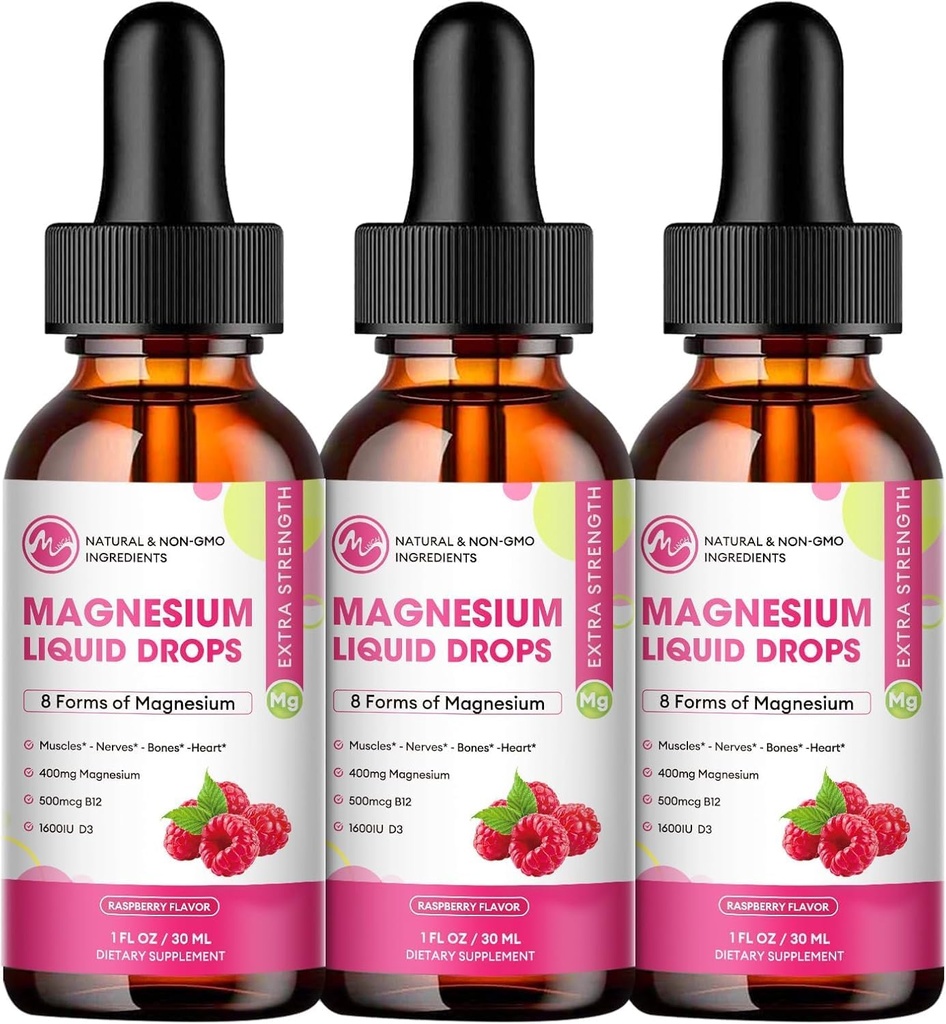 (3 Pack) gotas líquidas de Magnesio - 8 en 1 Suplemento Complejo de Magnesio con Glycinate de Magnesio, Citrato, Malate, Taurate, para Cerebro, Noche, Musculo, Hueso, Calambres, Sabor de Fresa