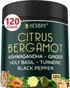 6in1 Citrus Bergamot Suplemento con Ashwagandha, Basil Santo, Turmeric " Ginger Root - Envejecimiento saludable, Inmune " Relaxation - 120 Vegan Capsules
