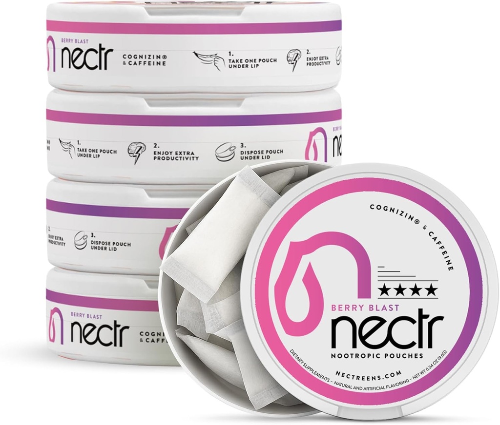 Nectr Energy Nootropic Pouches – Berry Blast Flavored, Caffeine Pouches with Cognizin® Citicoline. Tratados de Cerebro Libre de Azúcar. Smooth, Sustained Focus & Energy Supplement - 5 Pucks of 16pcs