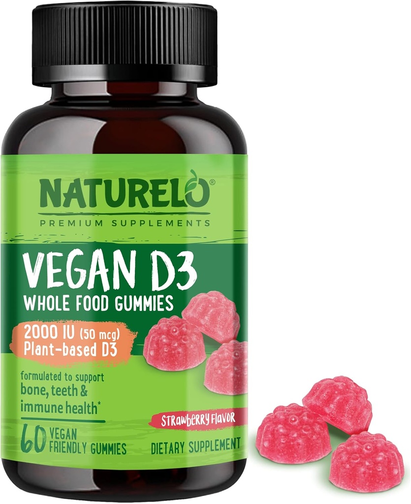 NATURELO Vegan D3 Gummies for Bone, Teeth, & Immune Health - 2000 UI Vitamina D3 - Suplemento alimenticio integral basado en plantas - 60 Gummies Vegan-Friendly