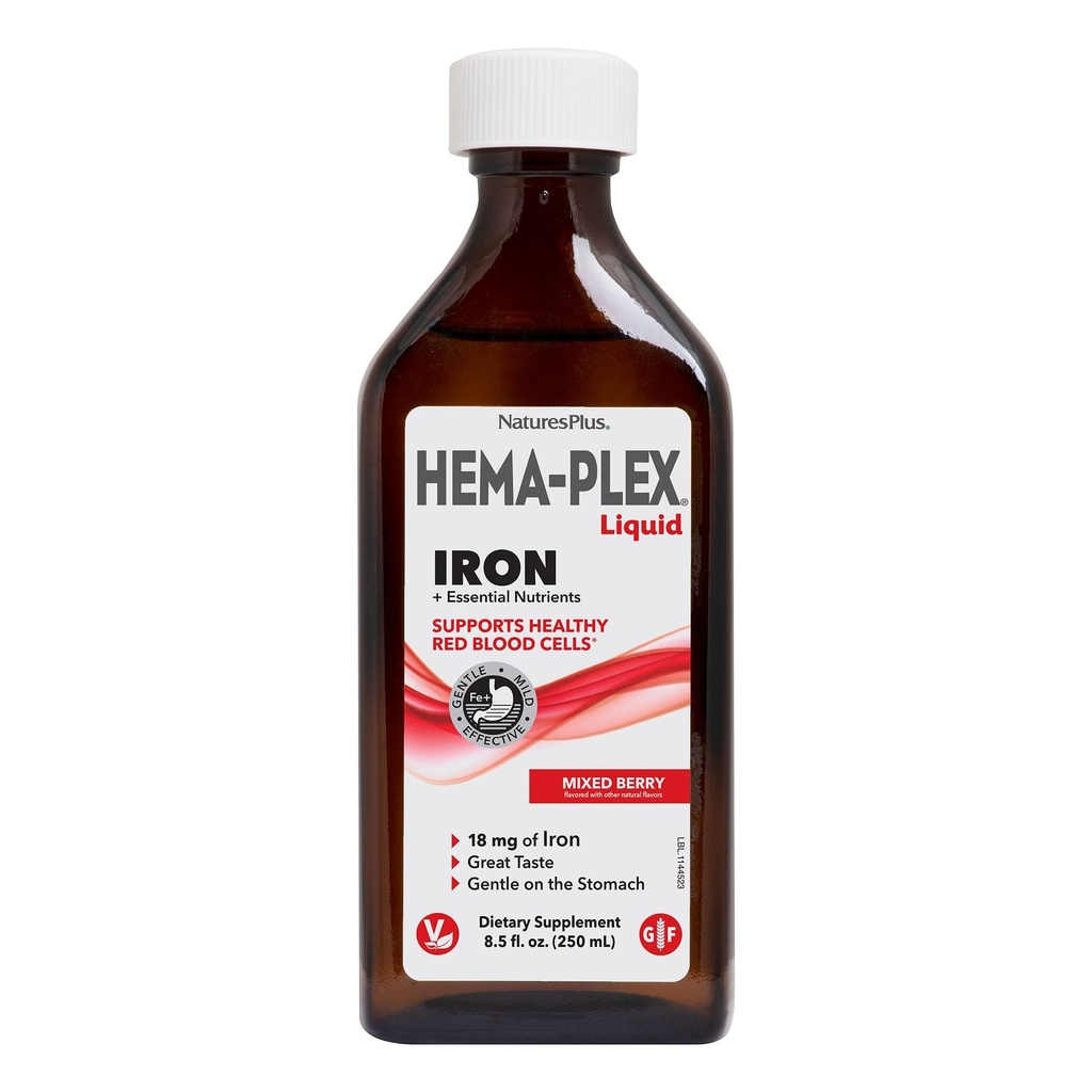 NaturesPlus Hema-Plex Hierro líquido, Berry mixto - 8.5 oz - Nutrientes esenciales de hierro - Vegan, Gluten Gratis - 25 Servimientos