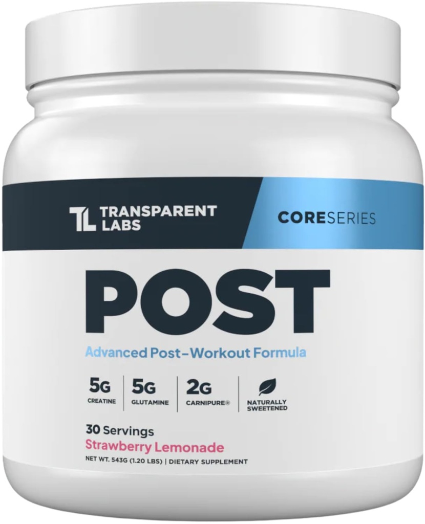 Laboratorios Transparentes Post - Post-Workout Recuperación Muscle Builder con L-Glutamine, Beta-Alanine y BetaPure Betaine Anhydrous para la recuperación del músculo y el edificio del músculo - 30 Servimientos, Strawberry Lemonade