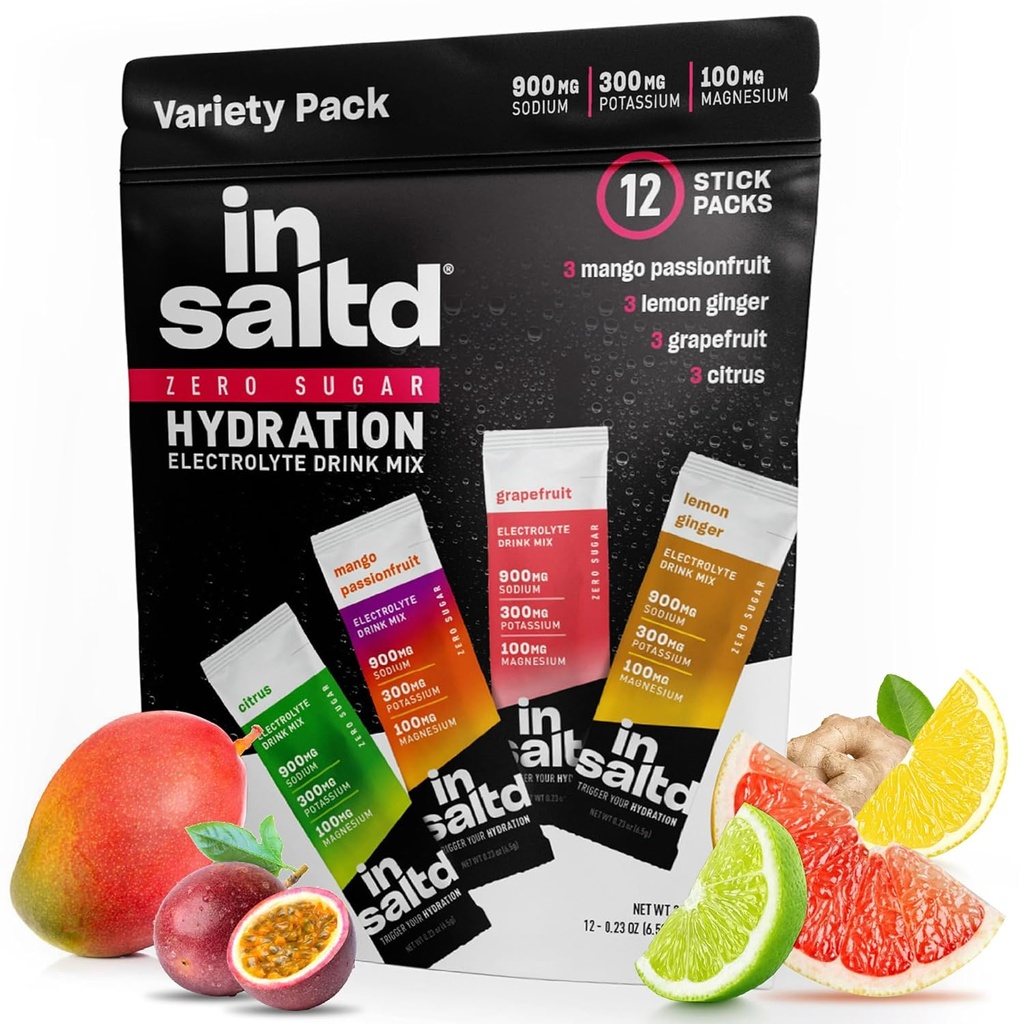INSALTDTM Sugar Free Electrolytes Powder Packets with No Stevia Aftertaste ← High-Potency Hydration Packets Bebidas de electrolitos ¦ Intermittent Fasting Drink Mix ← 12 Pack (Variety Pack)
