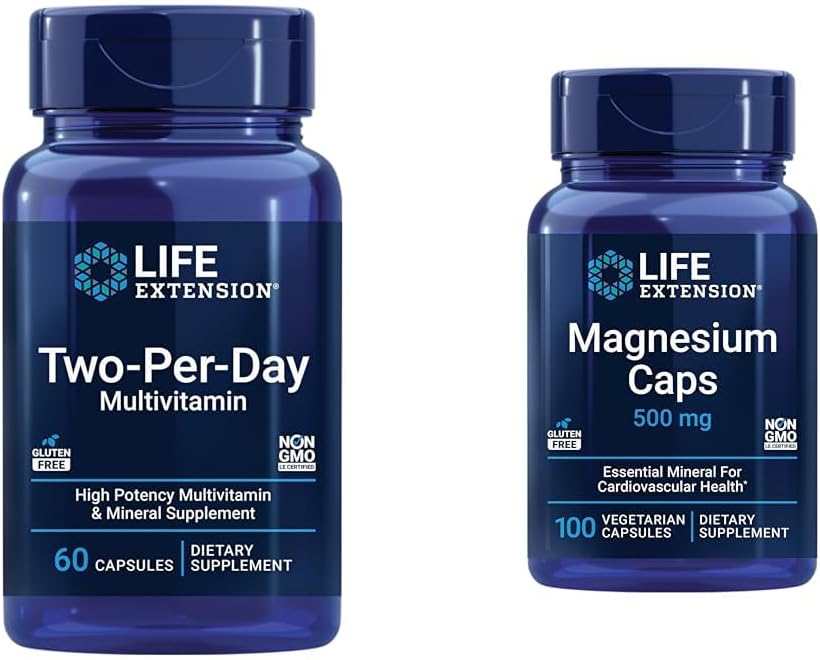 Extensión de la vida Multivitamínico de dos por día con vitaminas C sensibleD y magnesio cápsulas 500 mg para el corazón, cerebro, hueso, salud celular