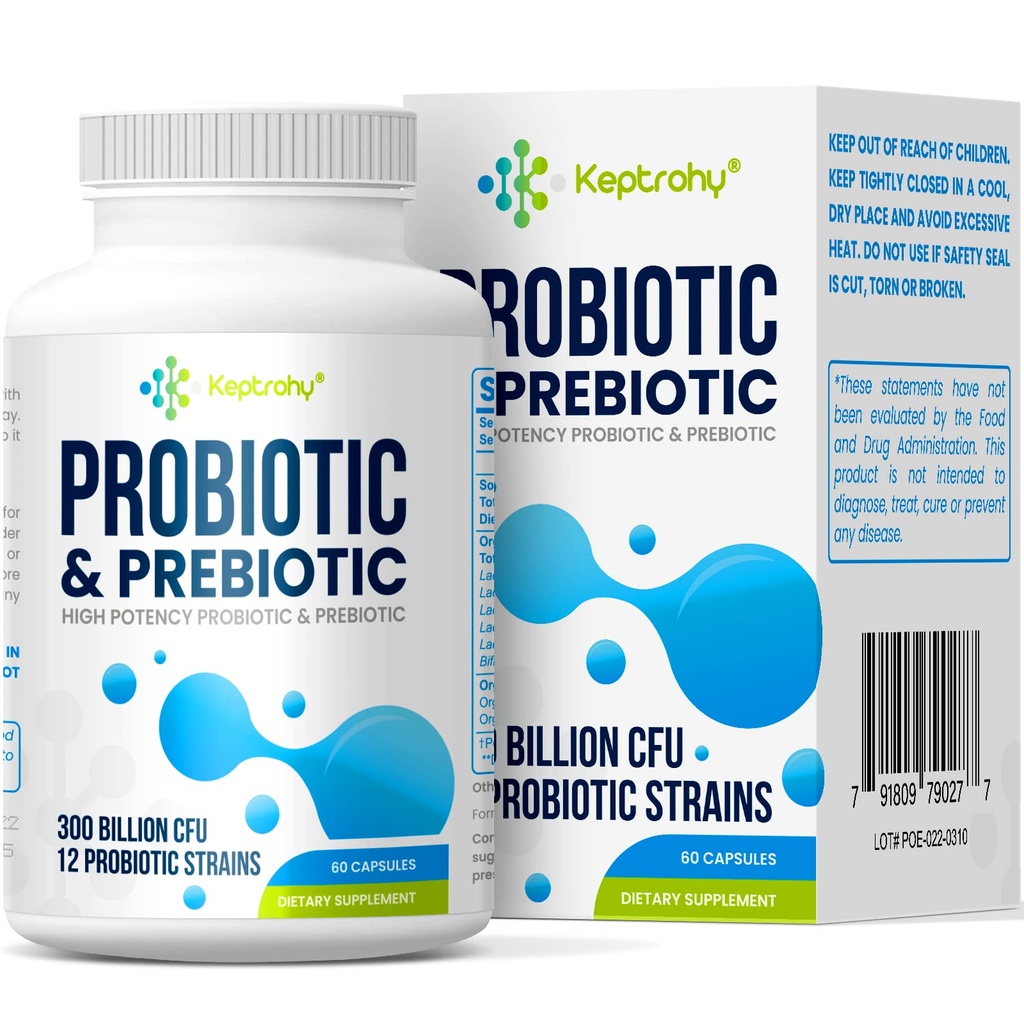 Probióticos para Mujeres &amp; Hombres, 300 Billones CFU Probióticos de 12 Strains + Prebióticos Orgánicos Blend for Daily Digestive, Immune, Gut, Bloating, Gut Health for Women &amp; Men, Shelf Stable - 60 cápsulas