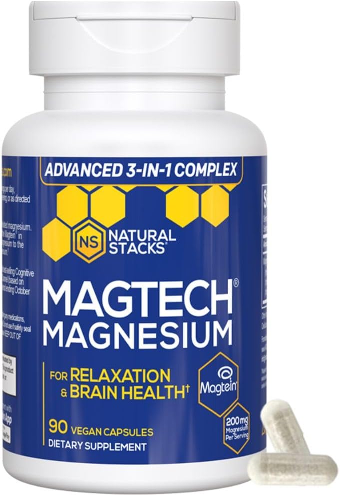 Magnesio Magtein L-Threonate, Glycinate & Taurate – Complejo de Magnesio Chelated de 200 mg – Suplemento de Magnesio MagTech para la Relajación & Salud Cerebro – 90 cápsulas