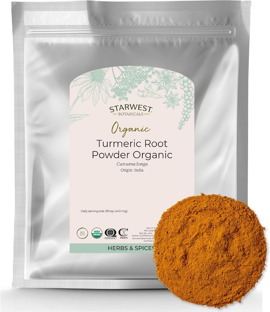 Starwest Botanicals Organic Ground Turmeric Root Powder - Curcumin Spice for Cooking & Seasoning, Fuente Natural de Antioxidantes, Immune Support, Certified Kosher, Non-GMO - Bulk 2 lb Bolsa